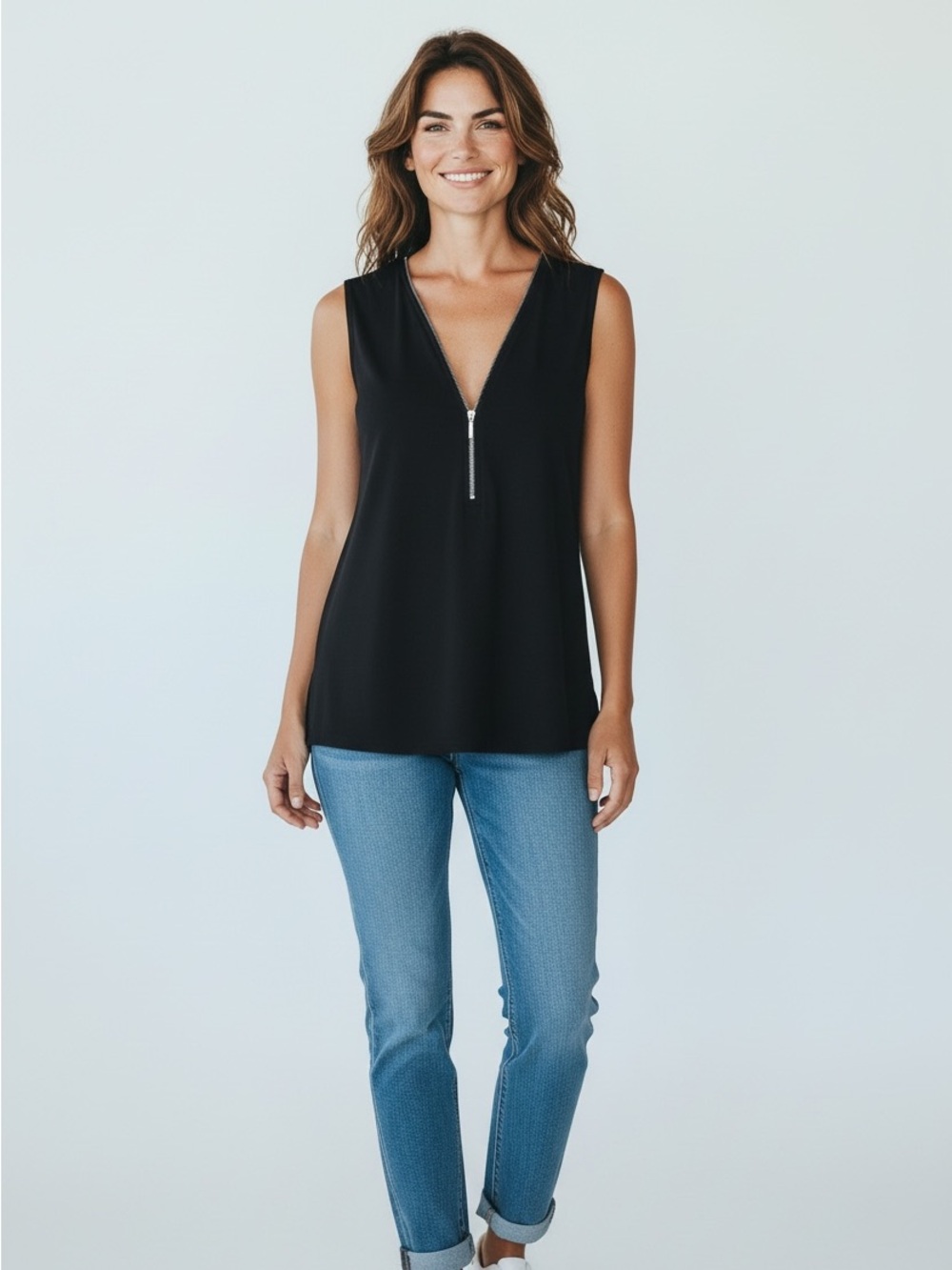 Nine West Black Sleeveless Zip-Front Tank Top